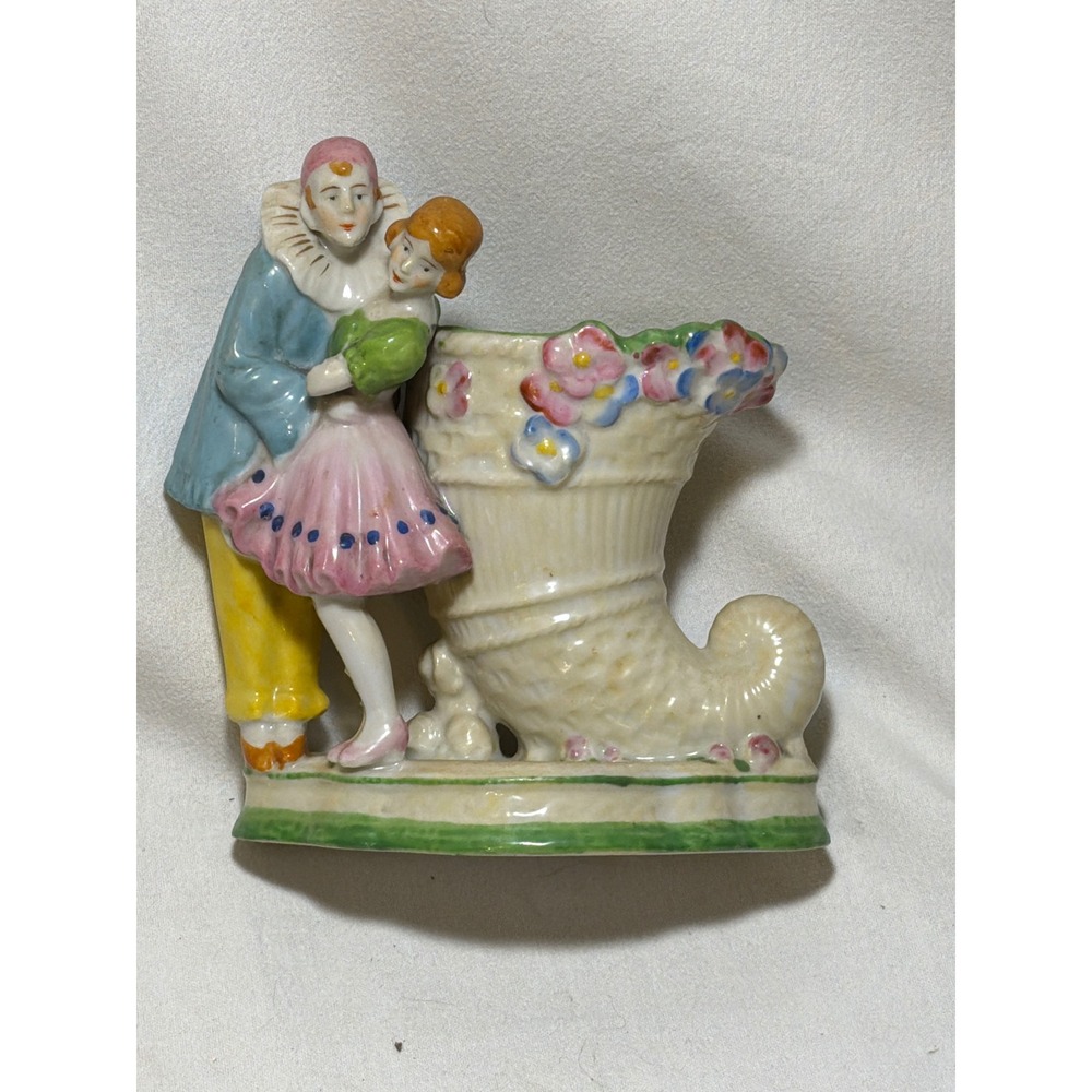 Vintage TT Takito Japan Hand Painted Pierrot Clown Cornucopia Porcelain Vase